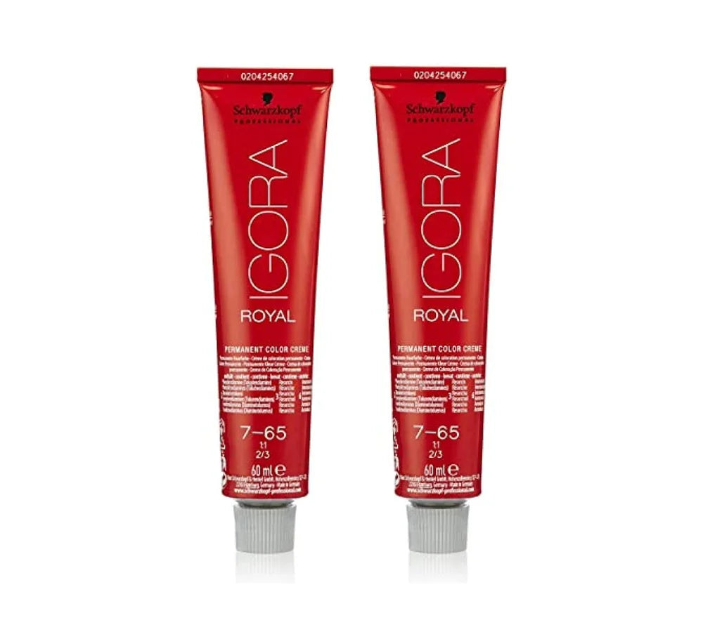 2X Schwarzkopf IGORA ROYAL 7-65 Medium Blonde Chocolate Gold 60 ml Pack of 2: Two Schwarzkopf hair color tubes, labeled IGORA ROYAL 7-65.
