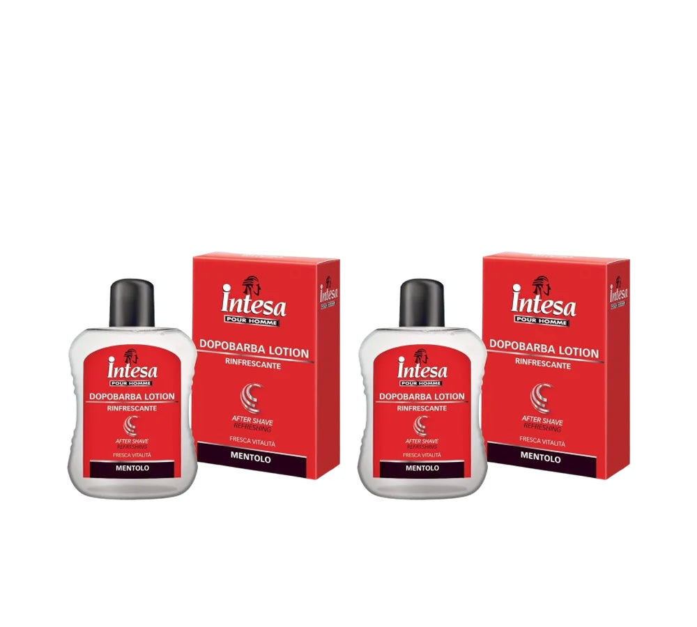Two 100ml bottles of Intesa Pour Homme aftershave refreshing lotion.