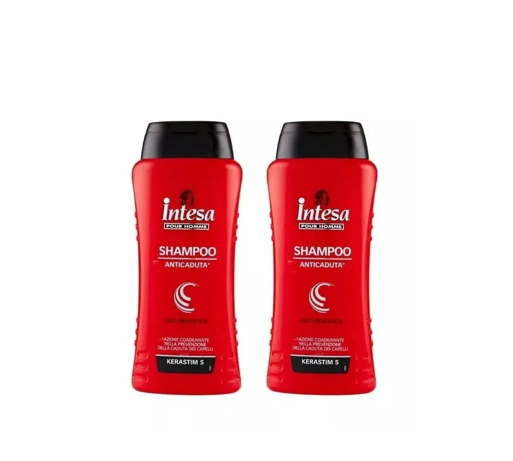 Two 300ml bottles of Intesa Pour Homme anti-hair fall shampoo with keratin.