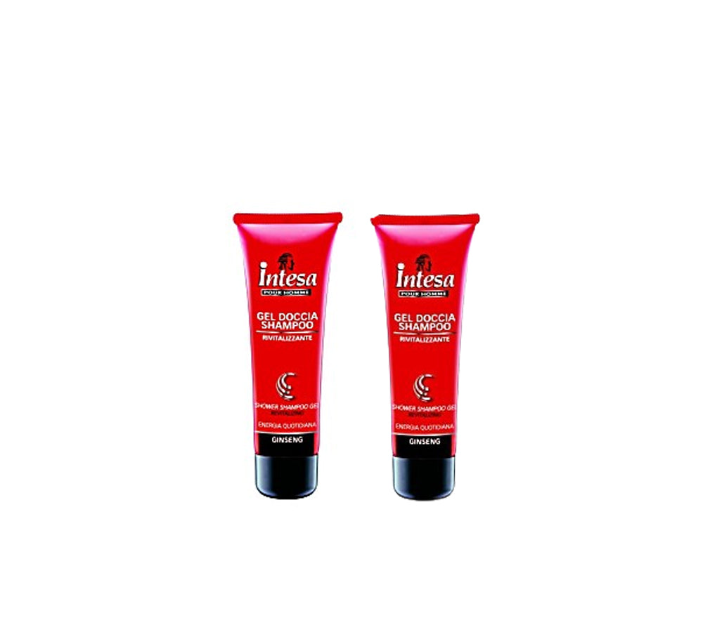 Two 50ml bottles of Intesa Pour Homme Ginseng revitalizing shower shampoo.