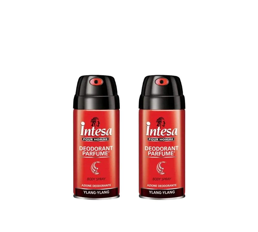 Two 150ml cans of Intesa Pour Homme Ylang-ylang deodorant body spray.