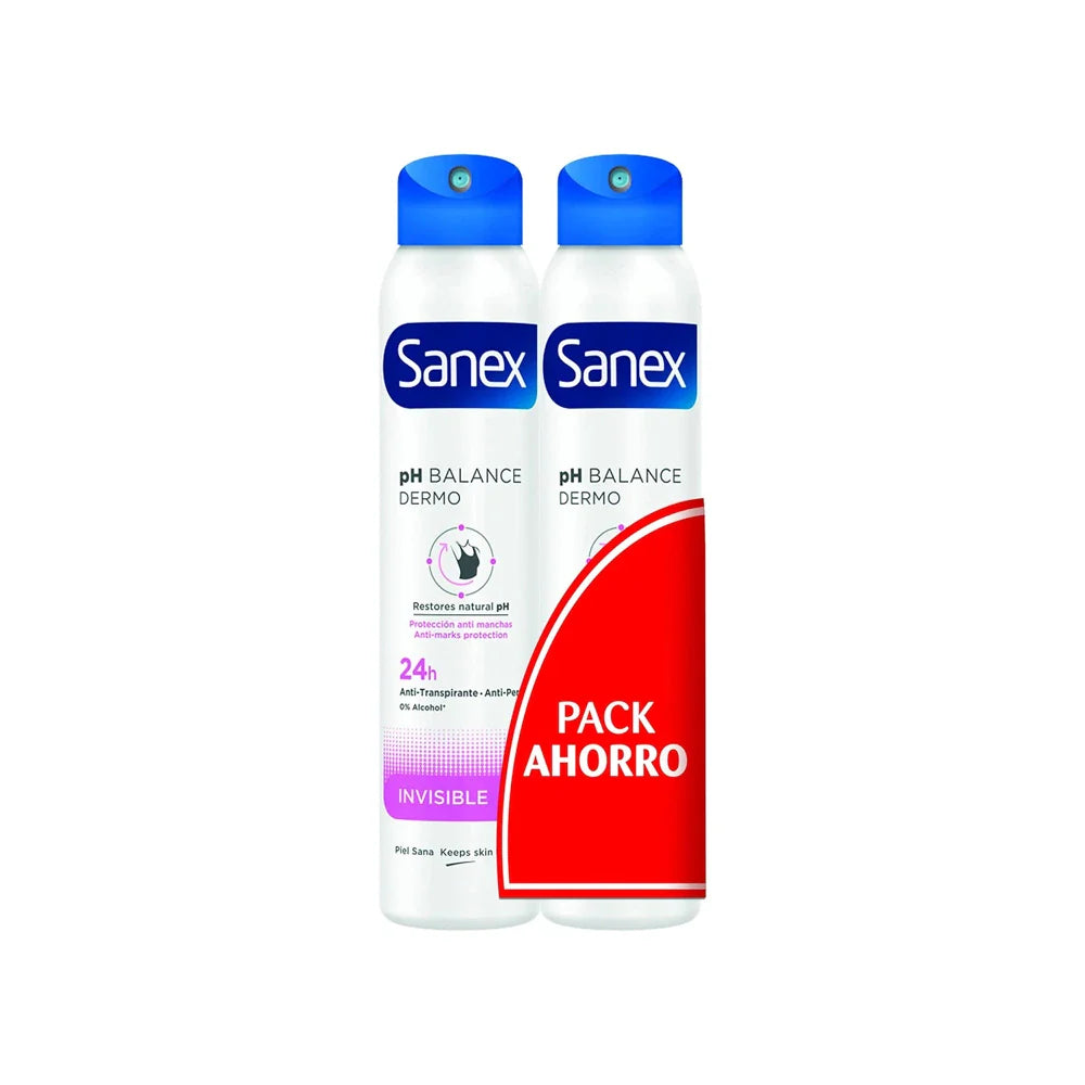 Pack of 2 Sanex Dermo Invisible deodorant spray cans in box packaging.