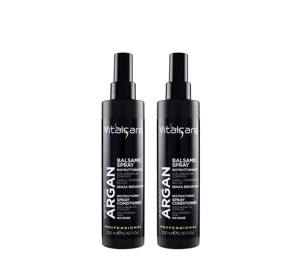 Two 200ml bottles of Vitalcare Imperial Argan hair conditioner.