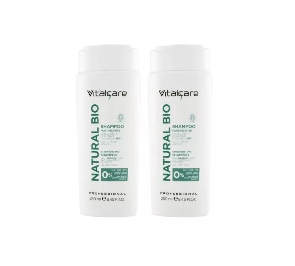 Two 250ml bottles of Vitalcare Natural Bio fortifying hair shampoo.