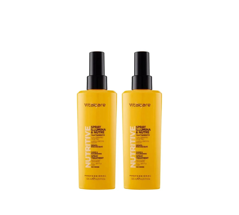 Two 125ml bottles of Vitalcare Nutritive hair treatment spray.