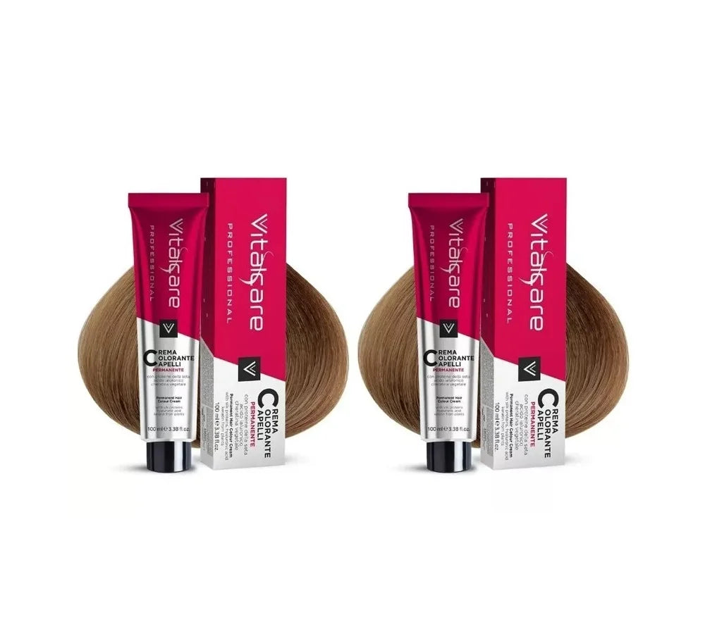 Two boxes of Vitalcare permanent hair dye, shade 8/00 light blonde.