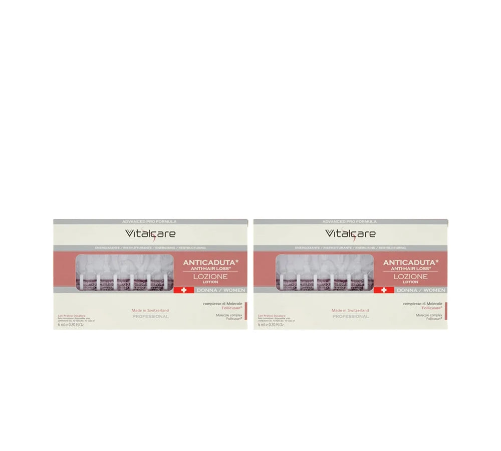Two packs of 10 ampoules (6ml each) of Vitalcare Swiss women’s anti-hair loss treatment.