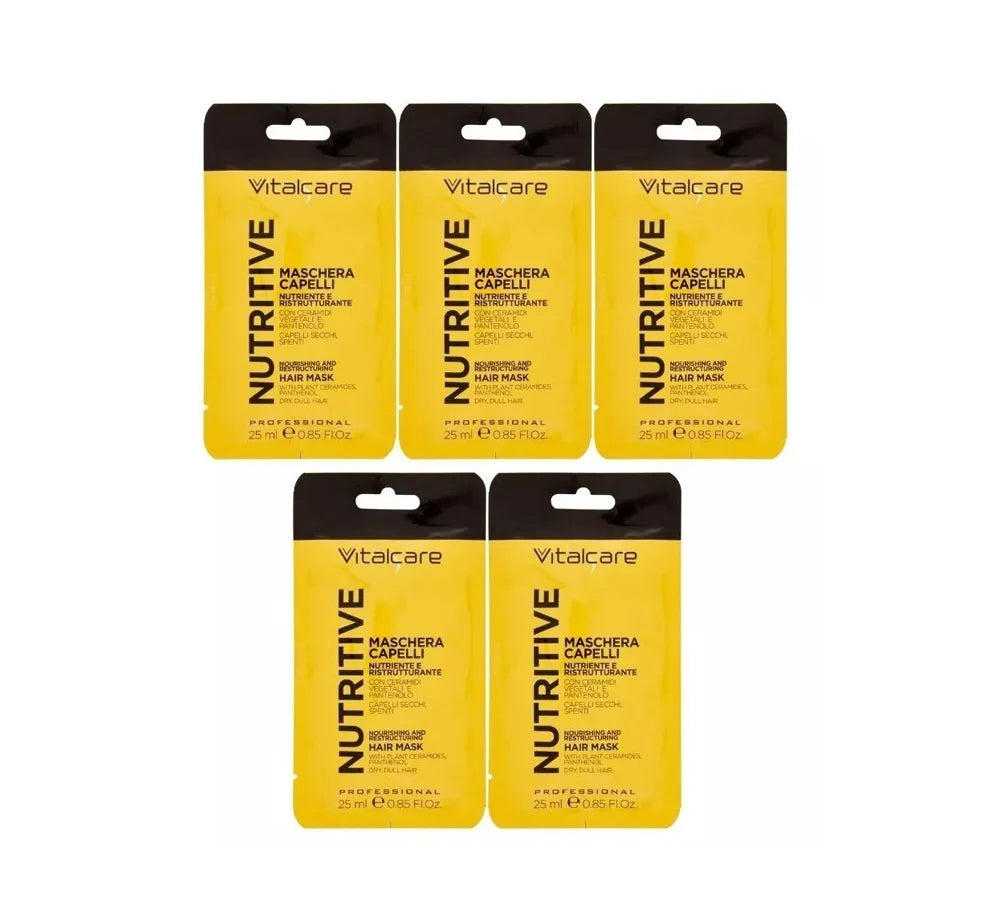 Five 25ml sachets of Vitalcare nourishing single-dose hair masks.