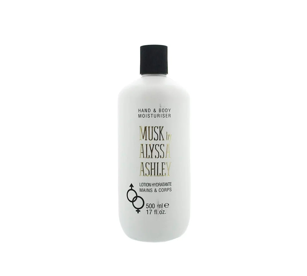 ALYSSA ASHLEY Musk Hand & Body Lotion 500Ml: Large bottle of Alyssa Ashley Musk hand and body lotion with black cap and logo.