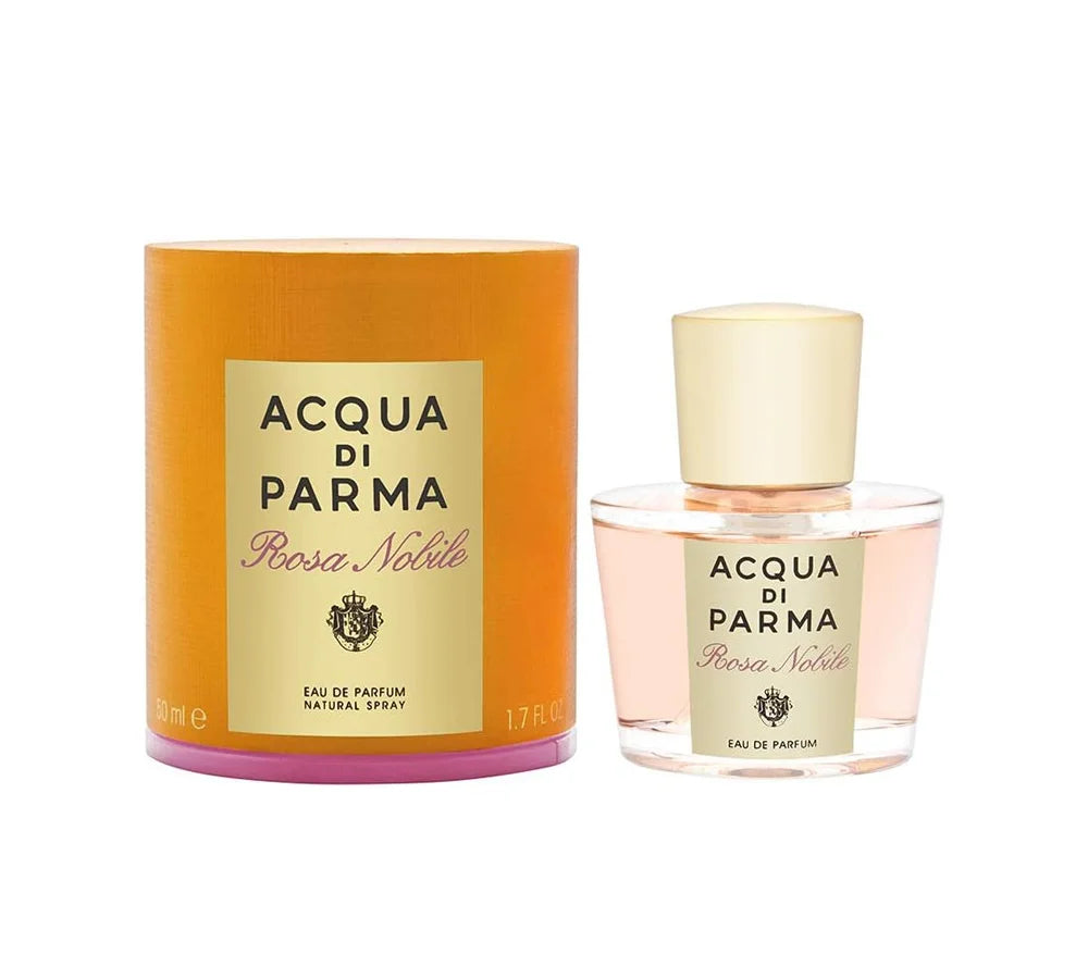 Acqua di Parma ROSA N. EDP 50 ML. SPRAY: Round, elegant glass bottle of Acqua di Parma Rosa perfume with a pink hue and gold cap.
