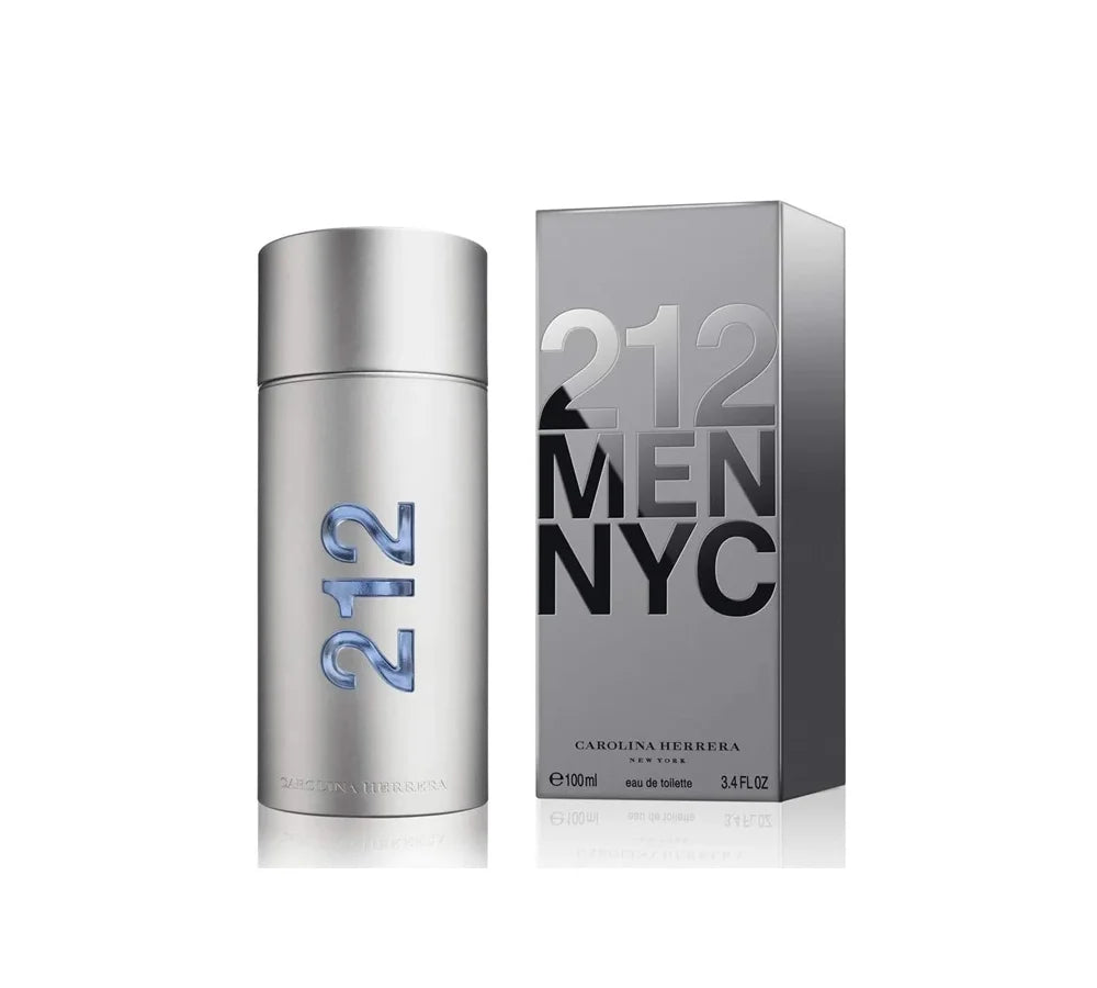 Carolina Herrera 212 Men Eau de Toilette Spray 100 ml – A sleek, cylindrical silver bottle with "212 MEN" embossed, representing a fresh and masculine fragrance.
