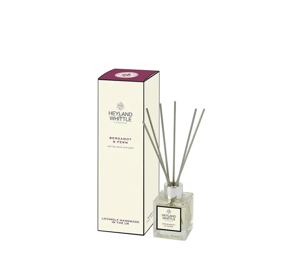 The package and product image of Classic Bergamot and Fern Reed Diffuser 100ml Heyland Whittle