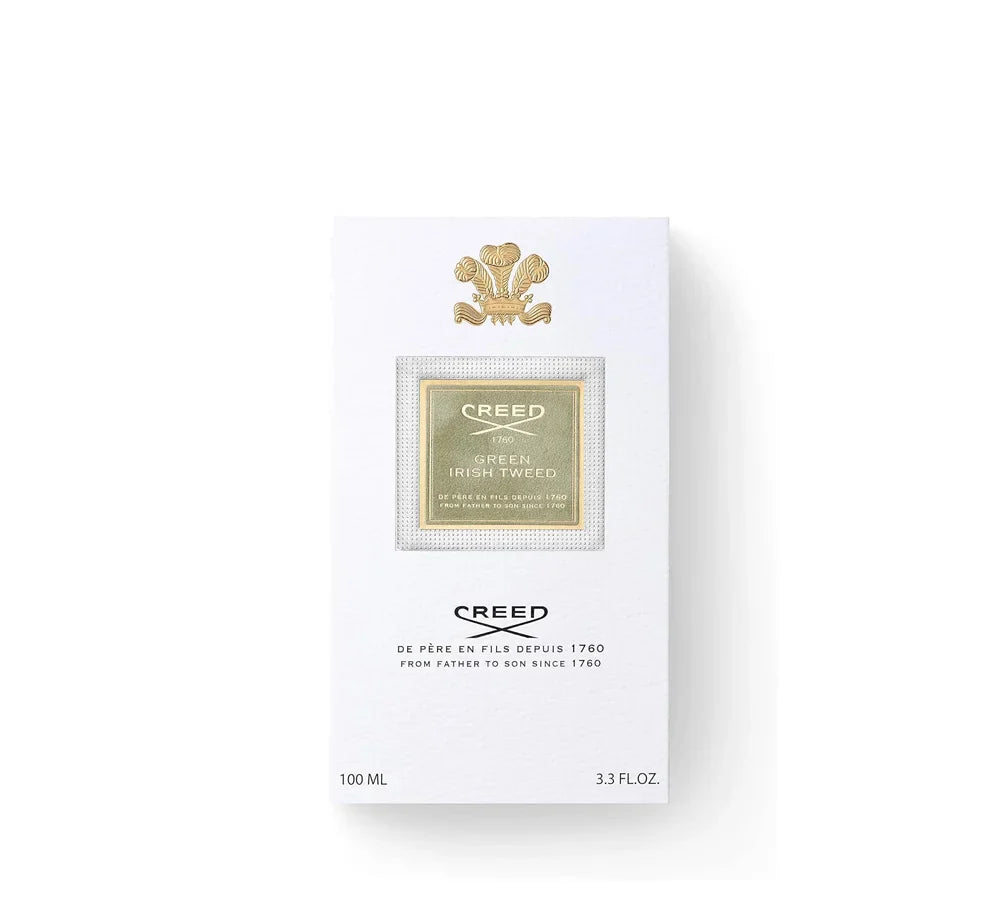Creed Green Irish Tweed Eau De Parfum Spray in a sleek black 100ml bottle with a classic crest logo and elegant packaging.