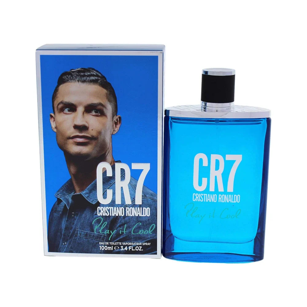 Cristiano Ronaldo CR7 Play It Cool EDT 100ml sleek blue fragrance bottle.