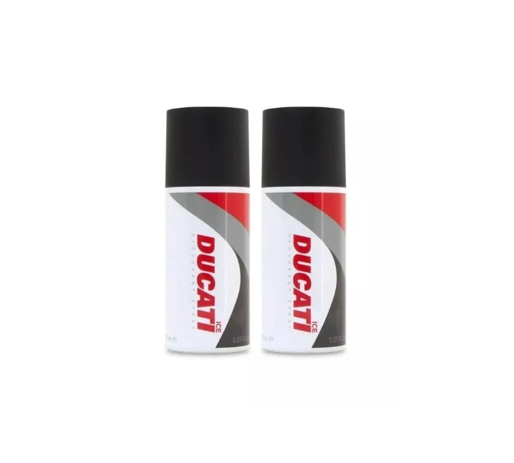 Two-pack of Ducati Ice deodorant spray, each 150ml, with a fresh, cooling formula and bold Ducati branding, perfect for long-lasting freshness.
