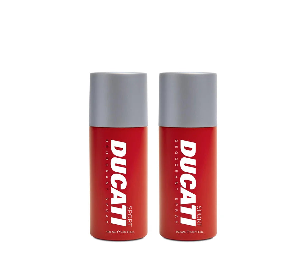 Two-pack of Ducati Sport deodorant spray, each 150ml, with a sleek, modern design that features the Ducati branding, ideal for active men.