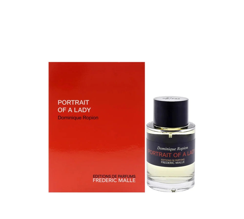 A 3.4 oz bottle of Frederic Malle Portrait of A Lady Eau de Parfum, in a classic cylindrical glass bottle with a black cap and red-accented label.