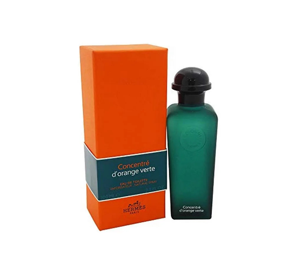 Hermes Concentre D'orange Verte Eau De Toilette Spray 100ml: Green glass bottle of Hermes Eau de Toilette with an orange-scented fragrance.