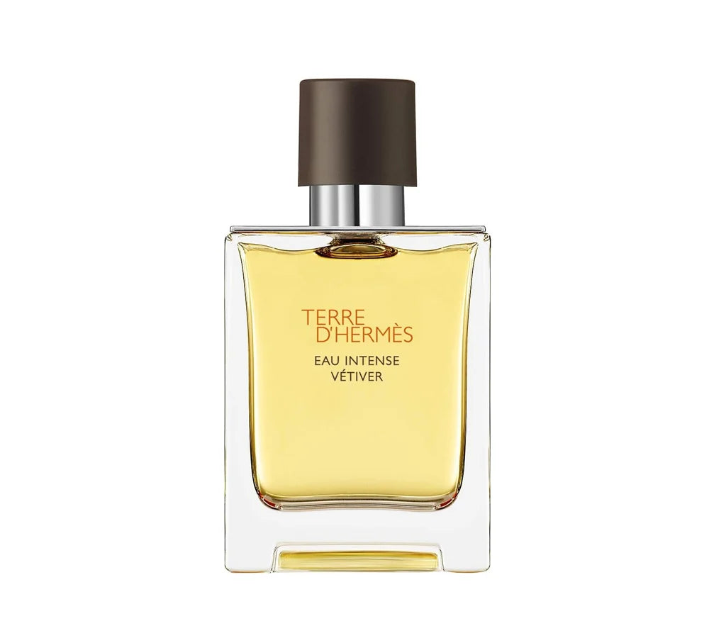Hermès Terre d'Hermès Intense Vetiver Eau de Parfum in a 50ml spray bottle with earthy tones and a minimalist design.