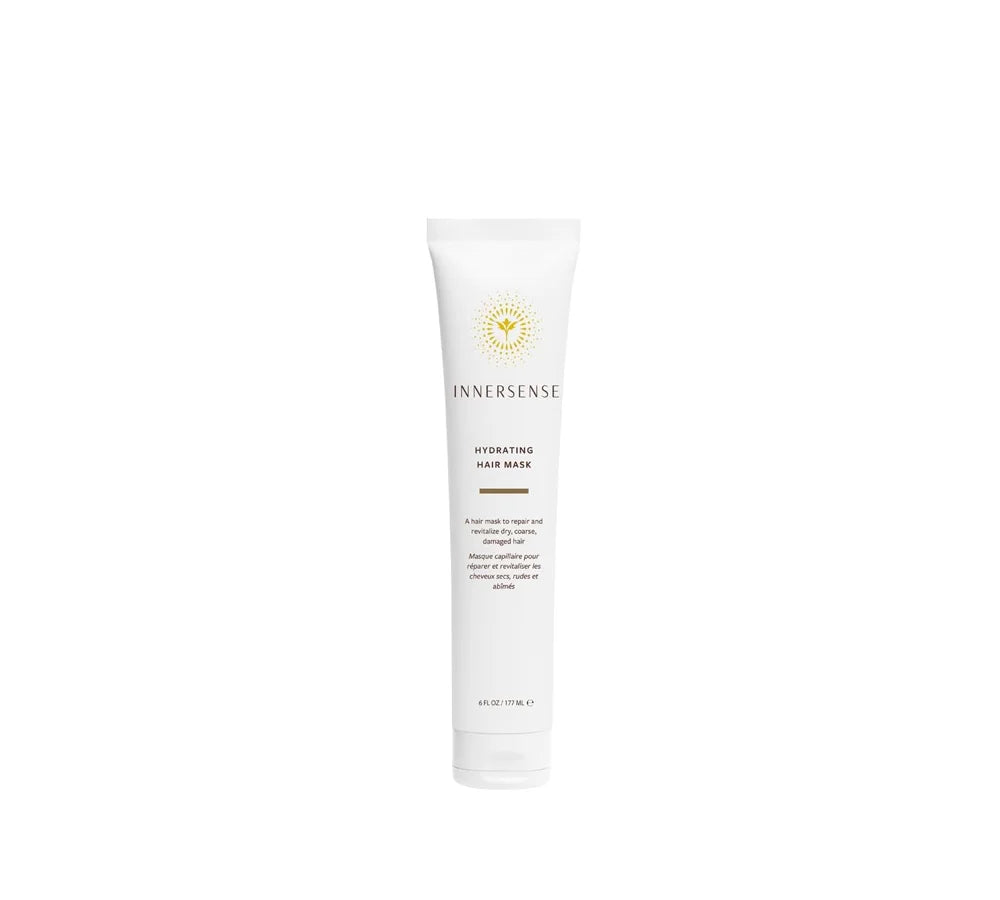 A 177ml white tube of Innersense Hydrating Hair Mask with minimalist branding, designed for deep moisture and repair.