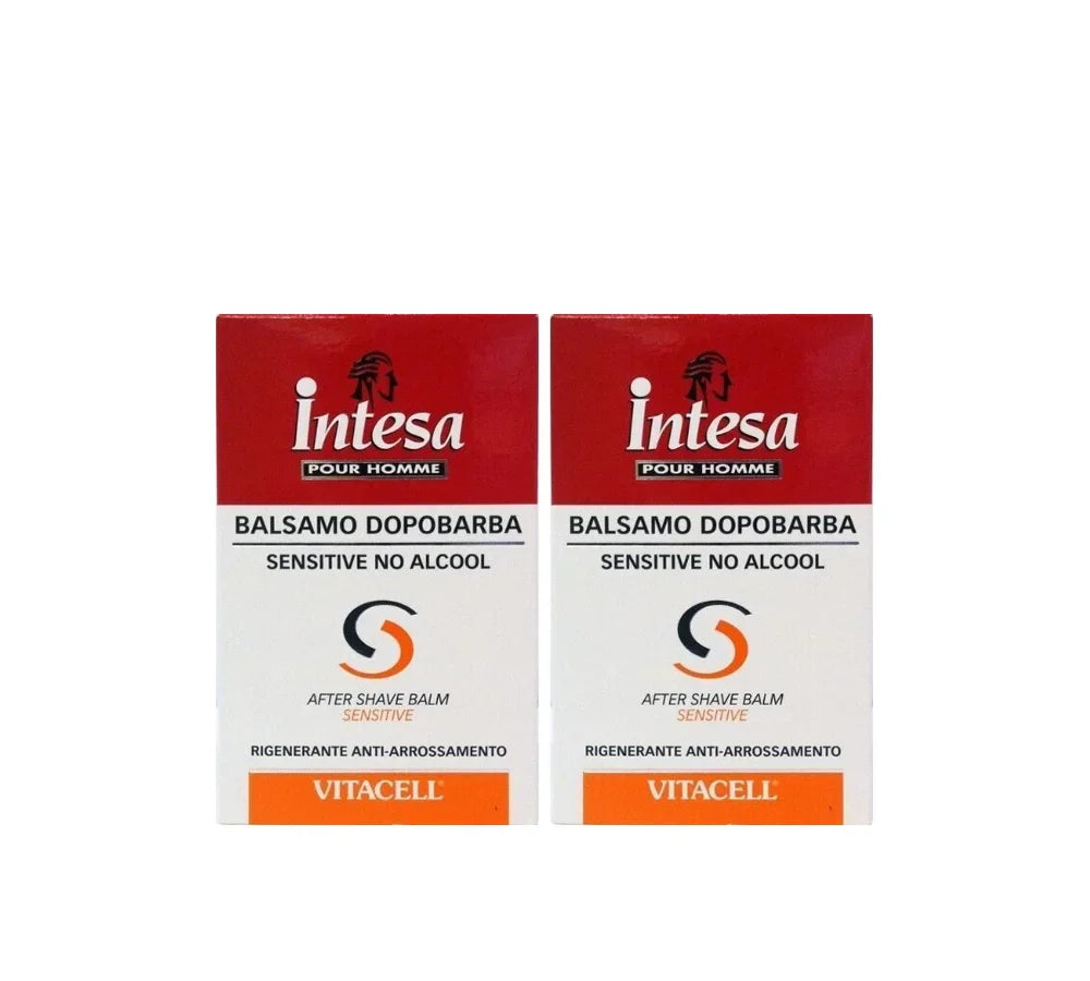 Two-pack of Intesa After Shave Balm with Vitacell, each 100ml, formulated to soothe and reduce redness after shaving.