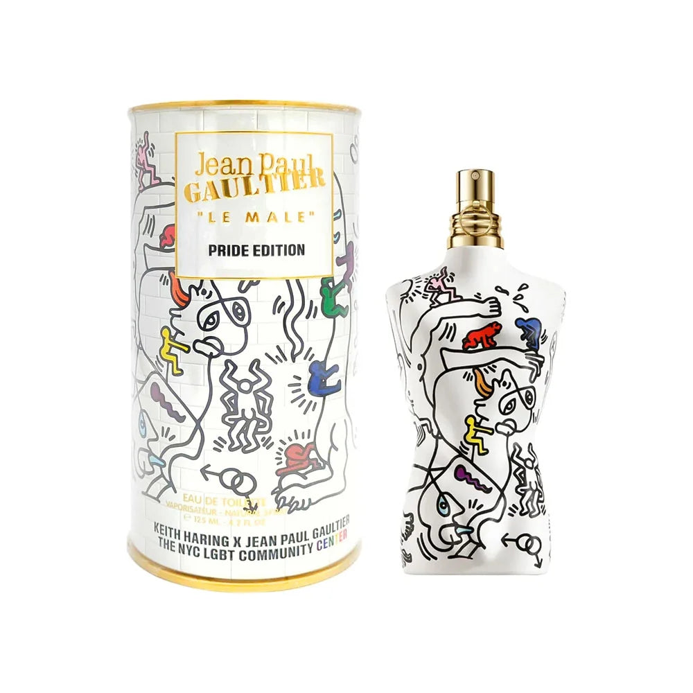 Jean Paul Gaultier Le Male Pride Edition Eau de Toilette 125ml bottle featuring the iconic male torso design in vibrant rainbow Pride colors, bold striped pattern, and metallic accents, set against a clean background.