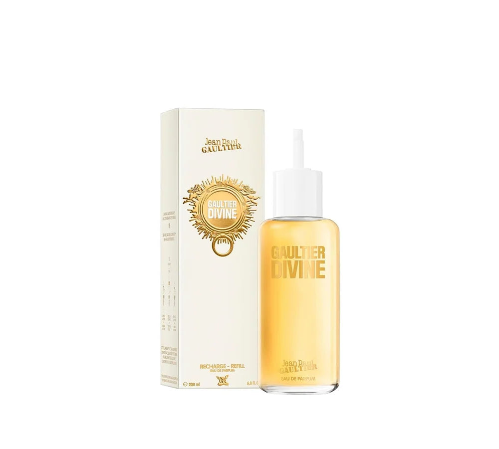Jean Paul Gaultier Divine Eau de Parfum Refill in a 200ml tall, elegant bottle with signature golden and red accents.