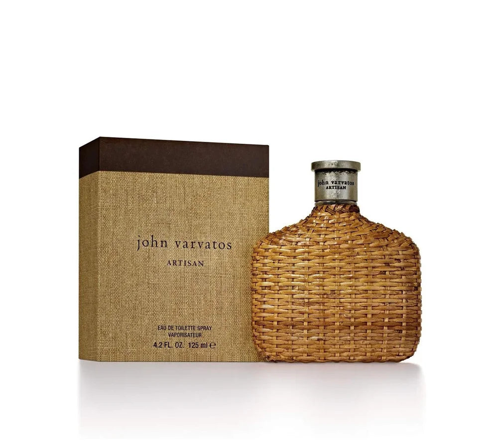 John Varvatos Artisan Eau de Toilette Spray in a 125ml bottle wrapped in hand-woven rattan for a rustic, artisanal look.