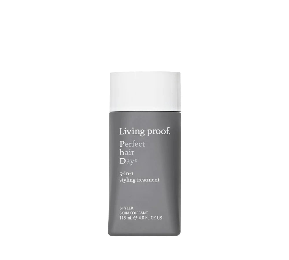 Living Proof Perfect Hair Day 5-in-1 Styling Treatment 118ml: Medium-sized tube of hair treatment, labeled "Perfect Hair Day" in white.