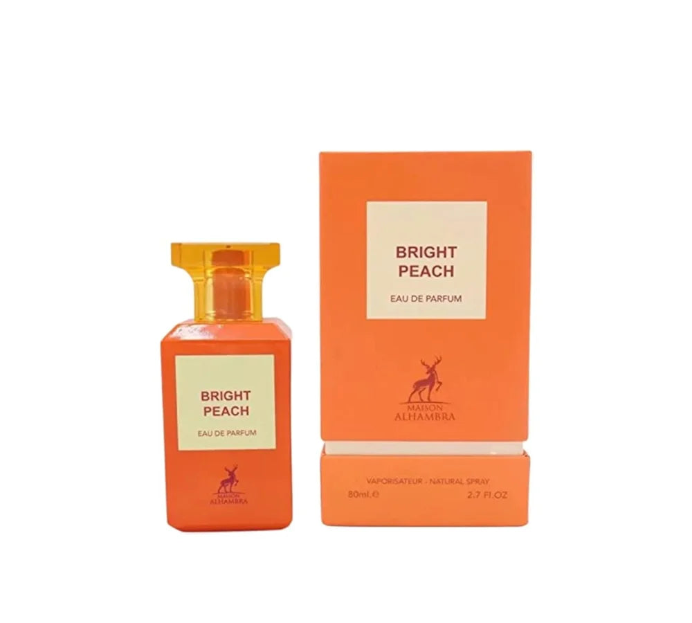 Maison Alhambra Bright Peach Eau De Parfum, 80 ml, in a luxurious peach-hued bottle