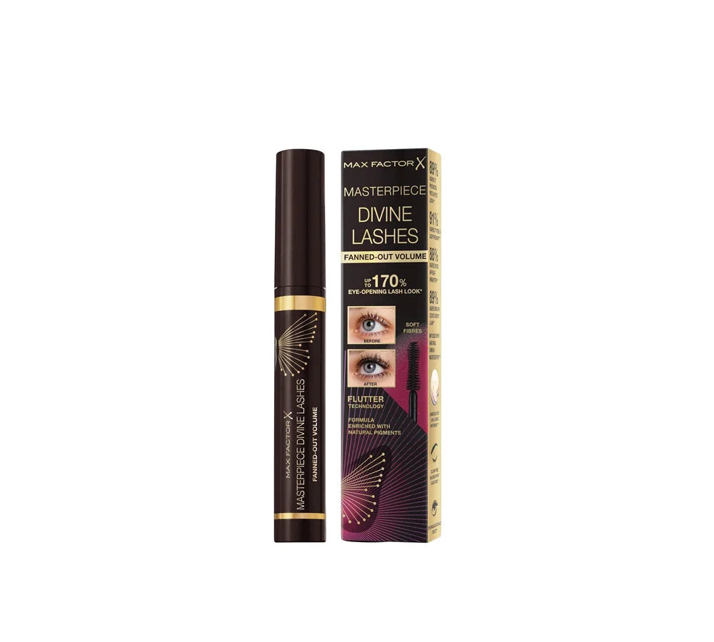 Max Factor Divine Lashes Mascara Black Brown 002 with a smooth, clump-free brush.