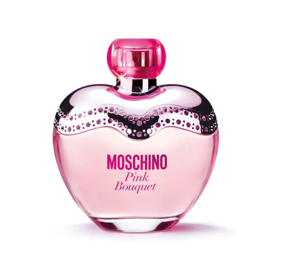 Moschino - Pink Bouquet EDT 50 ml: Heart-shaped pink bottle of Moschino Pink Bouquet perfume with silver accents.