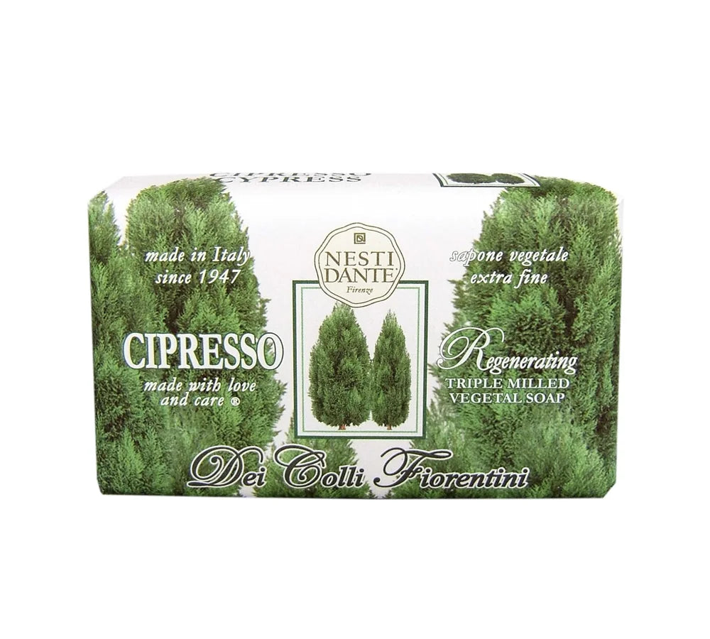 NESTI DANTE Dei Colli Fiorentini, Cypress Tree Soap 250 g: Large, artisanal soap bar wrapped in paper with Cypress Tree illustrations.