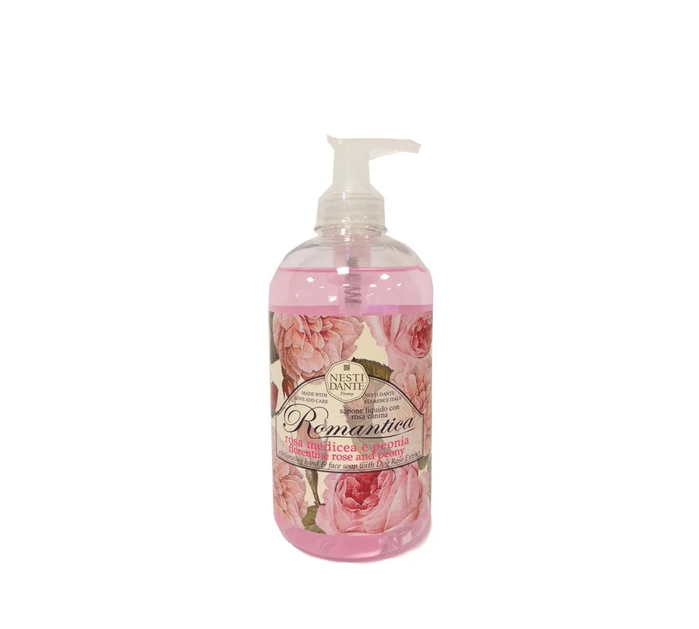Nesti Dante Romantica Liquid Soap, Rose & Peony fragrance, in a 500 ml floral bottle