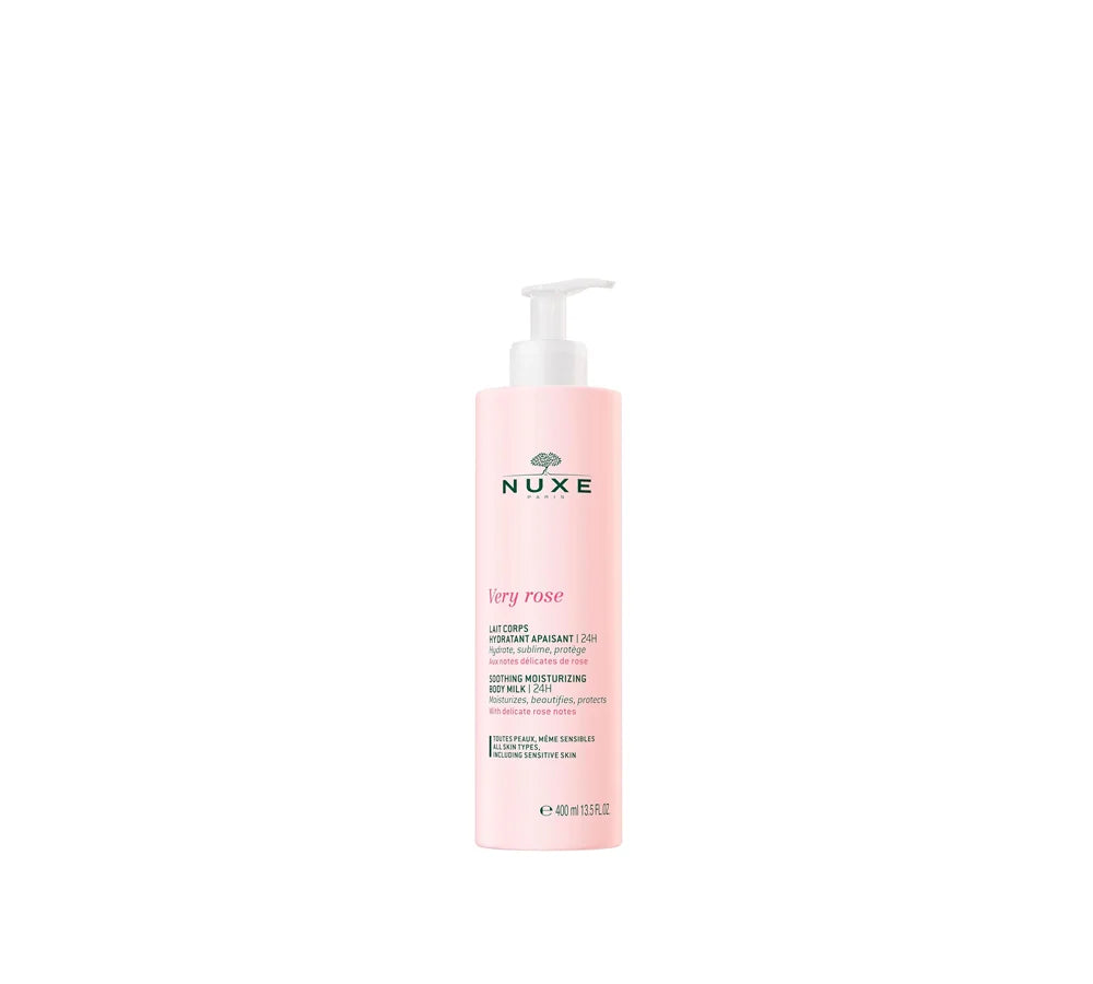 400ml bottle of NUXE Very Rose Soothing Moisturising Body Milk with 24-hour hydration.