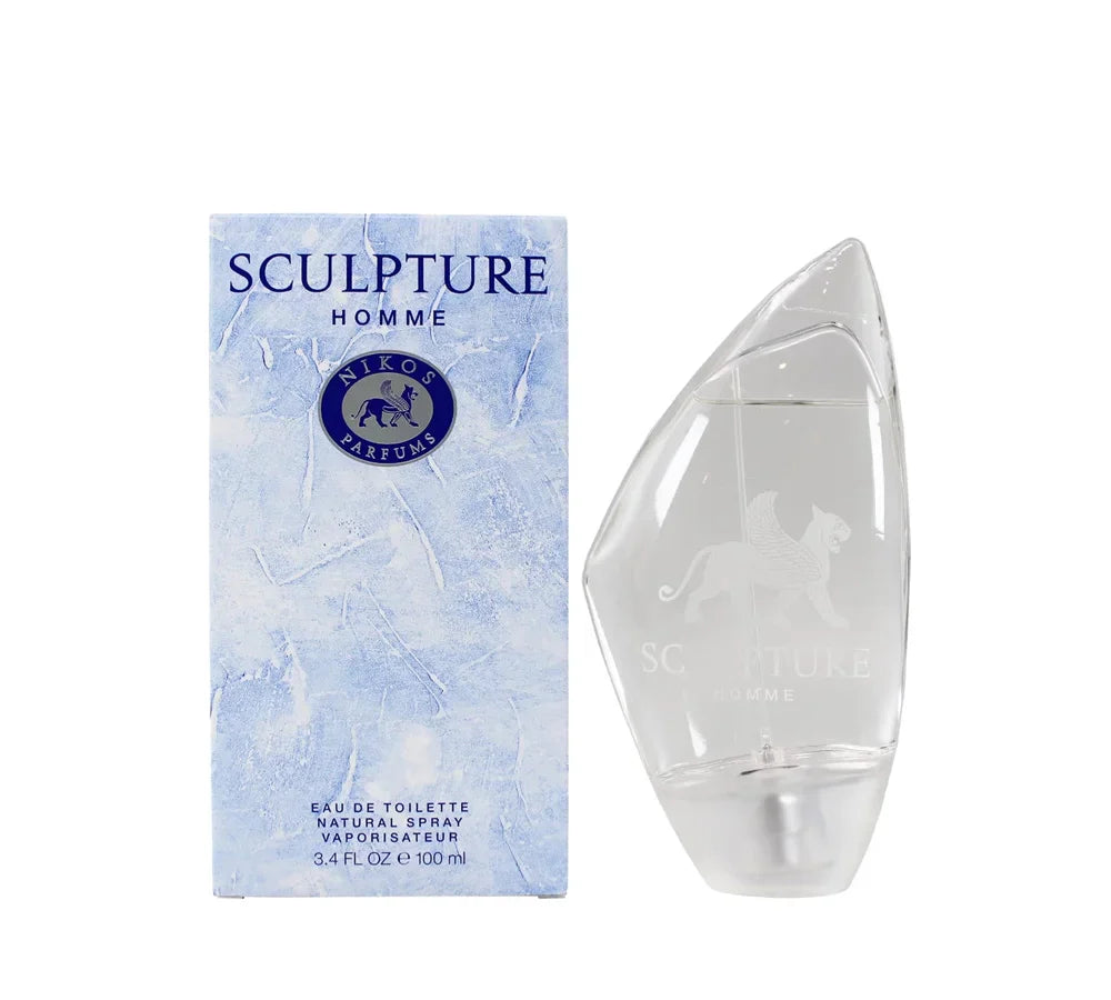 Nikos Sculpture Homme Eau De Toilette 100ml spray bottle with a sculpted glass design.