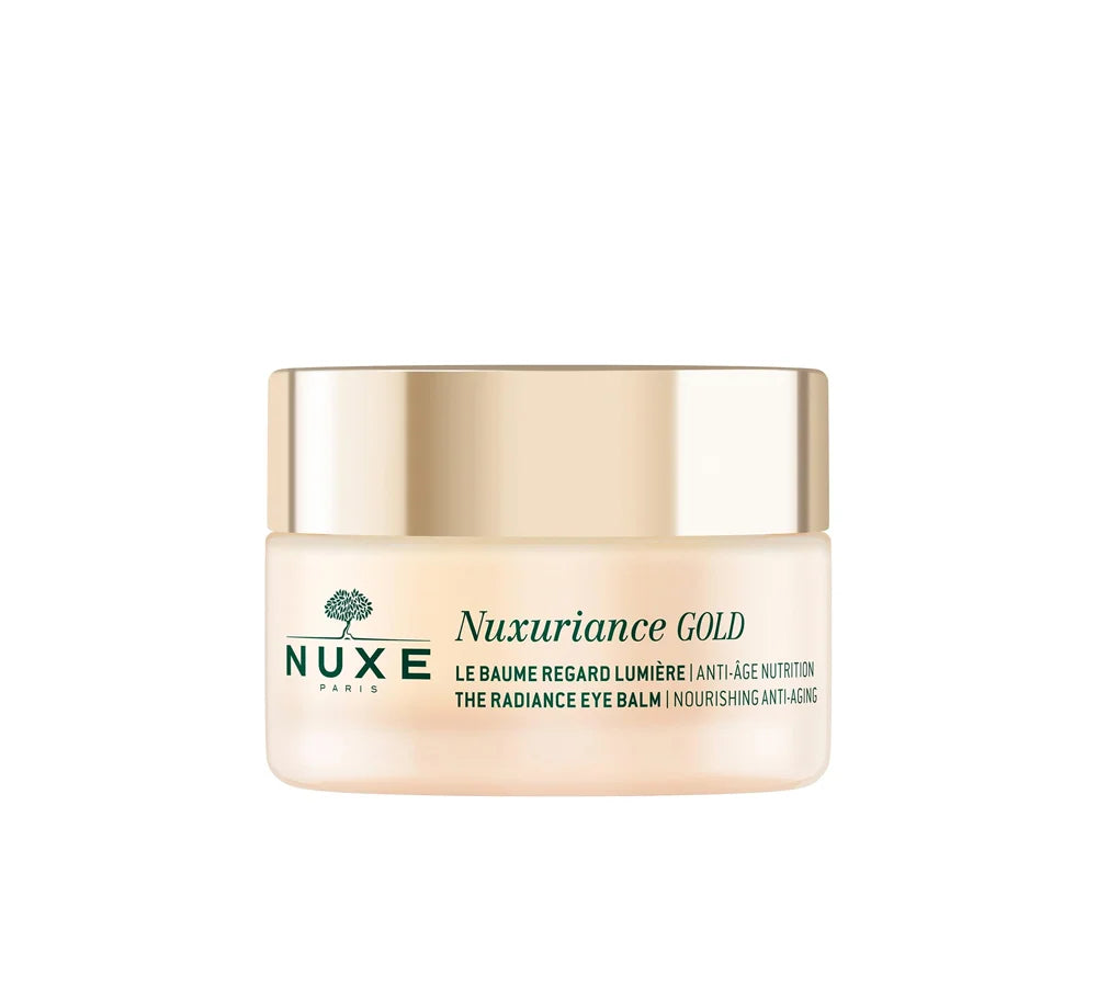 Nuxe Nuxuriance Gold Eye Balm 15ml in a sleek gold tube, designed for anti-aging eye care.