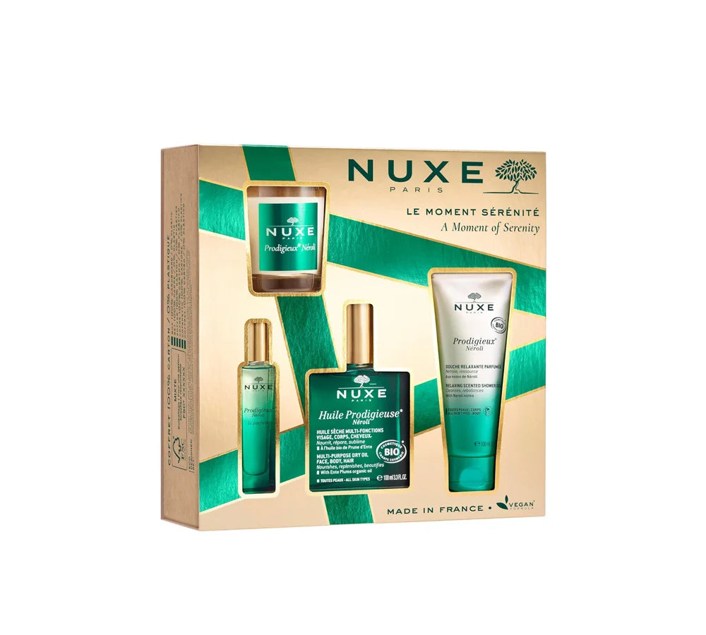 Nuxe Prodigieux Set A Moment Of Serenity gift set with skincare essentials.