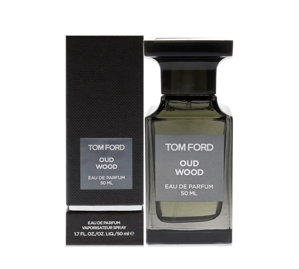 Oud Wood by Tom Ford Eau De Parfum For Men 50ml: Dark brown rectangular perfume bottle with a black cap, labeled Tom Ford Oud Wood.