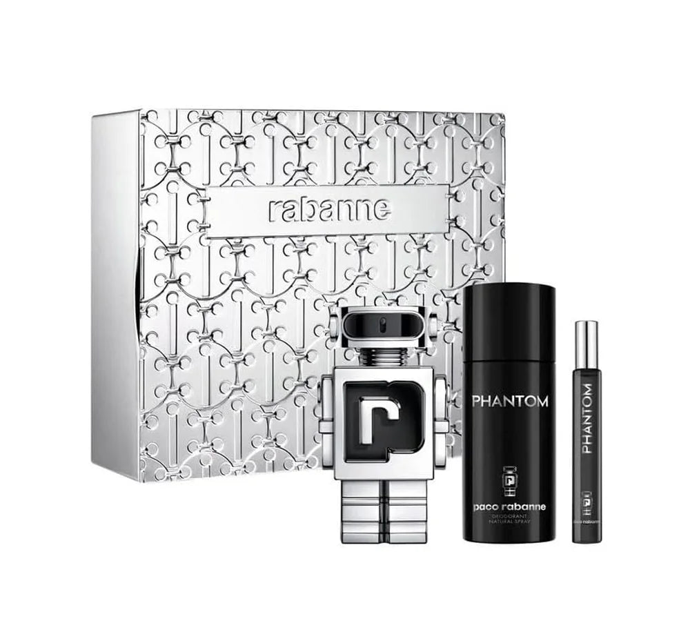 Paco Rabanne Phantom set with 100ml EDT, 150ml deodorant, and 10ml mini spray.