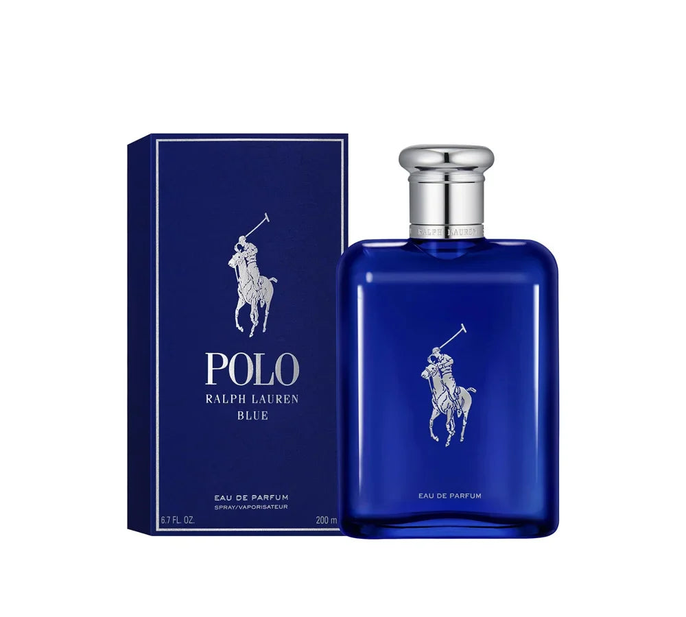 Ralph Lauren Polo Blue Eau de Parfum 200ml in rich blue bottle with silver accents and polo logo.