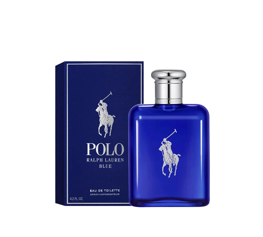Ralph Lauren Polo Blue Eau de Toilette 125ml in deep blue glass bottle with silver cap and polo player emblem.