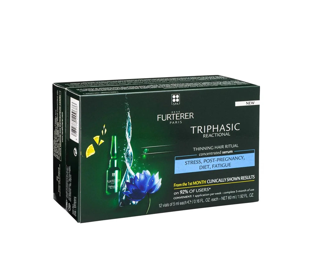 René Furterer Triphasic Reactional Anti Hair Loss Serum Treatment box containing 12 ampoules, designed for thinning hair with a sleek green and white packaging.