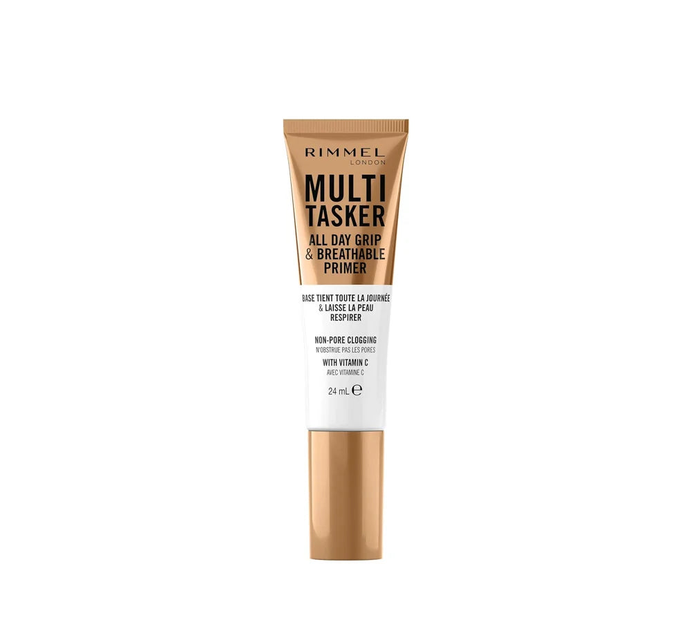 Rimmel Multi-tasker Primer bottle for breathable, long-lasting makeup grip.