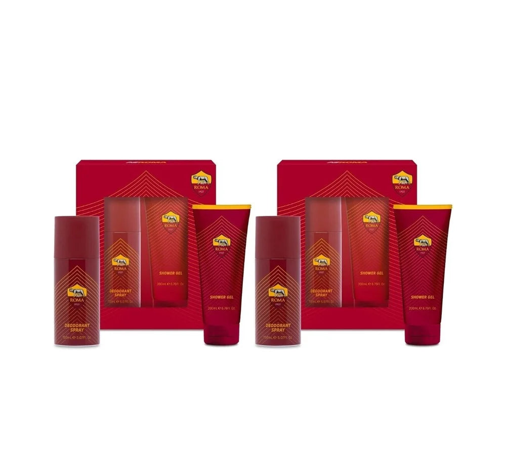 Two Roma gift sets, each containing a 150ml deodorant spray and a 200ml shower gel, offering a complete fragrance and cleansing experience.