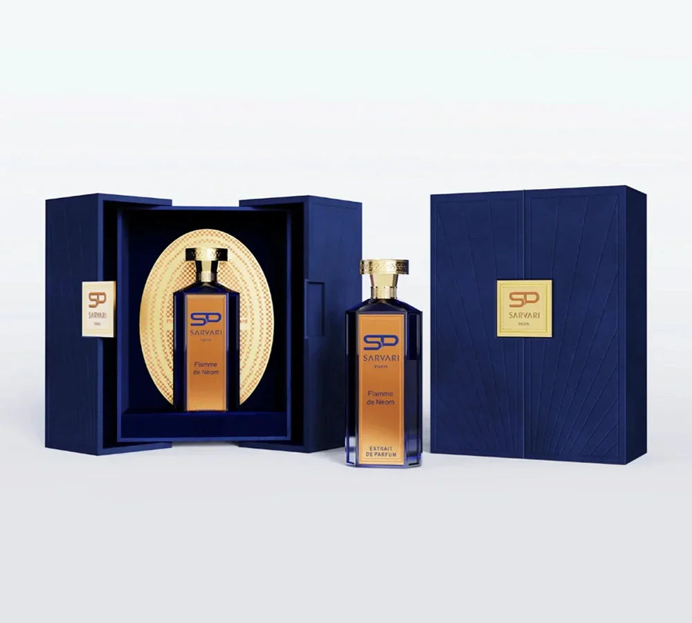 Luxurious bottle of Sarvari Paris Flamme de Neom Extrait de Parfum 100 ML, reflecting the fiery elegance of a passionate scent.