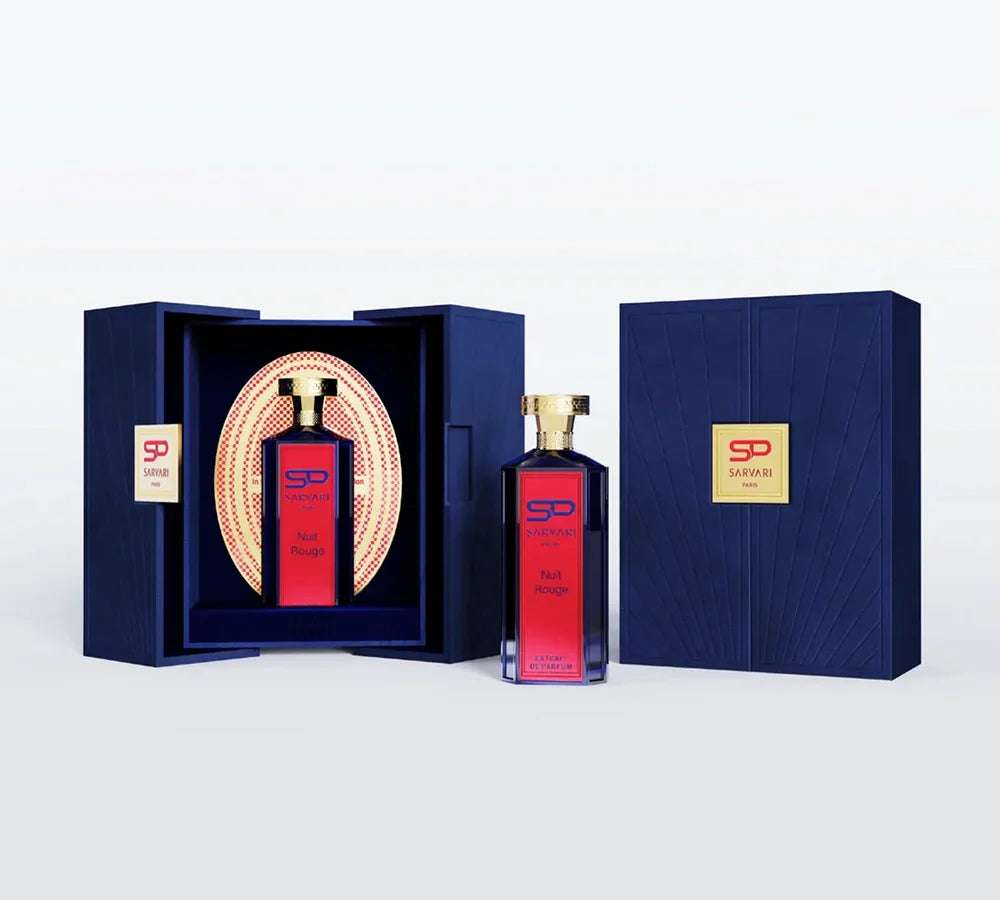 Striking bottle of Sarvari Paris Nuit Rouge Extrait de Parfum 100 ML, capturing the essence of a bold, seductive night fragrance.