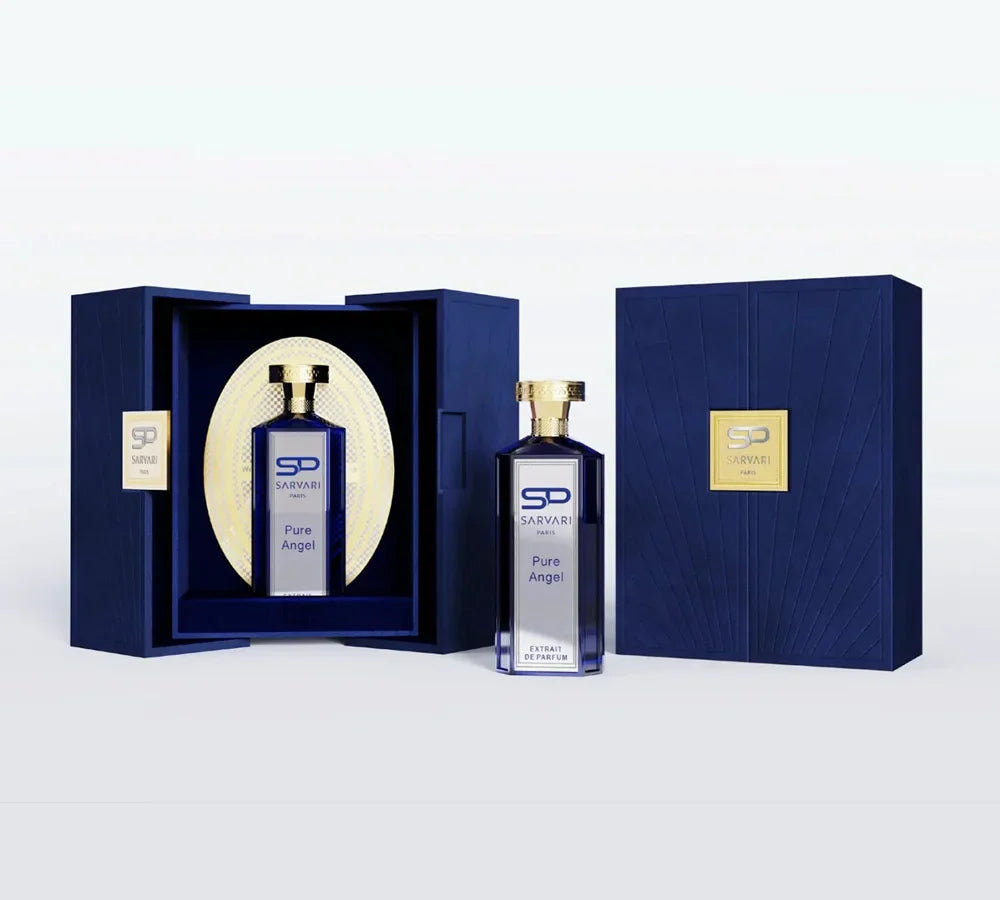 Chic bottle of Sarvari Paris Pure Angel Extrait de Parfum 100 ML, representing a clean, ethereal fragrance for a refined aura.