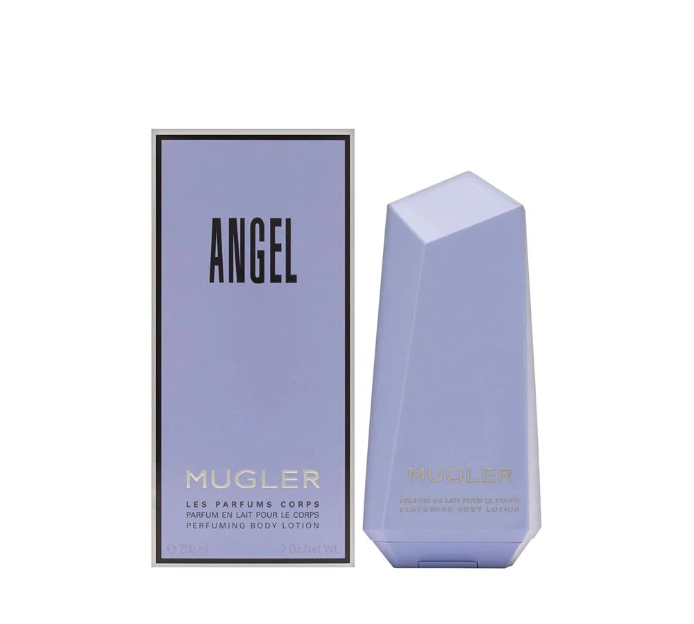 THIERRY MUGLER ANGEL BODY LOTION 200 ML: Cylindrical light blue bottle of Thierry Mugler Angel body lotion with a star logo.