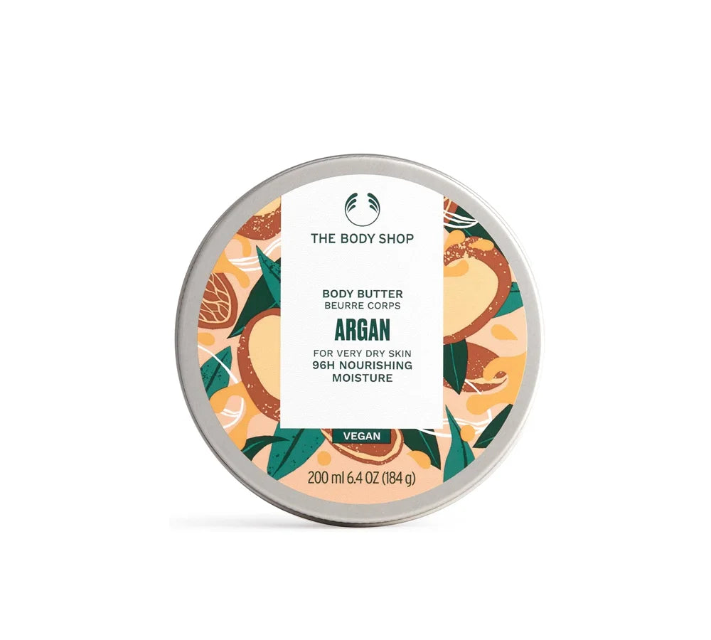 The Body Shop Wild Argan Oil Body Butter in a 200ml round tub, enriched with nourishing ingredients for intense hydration.